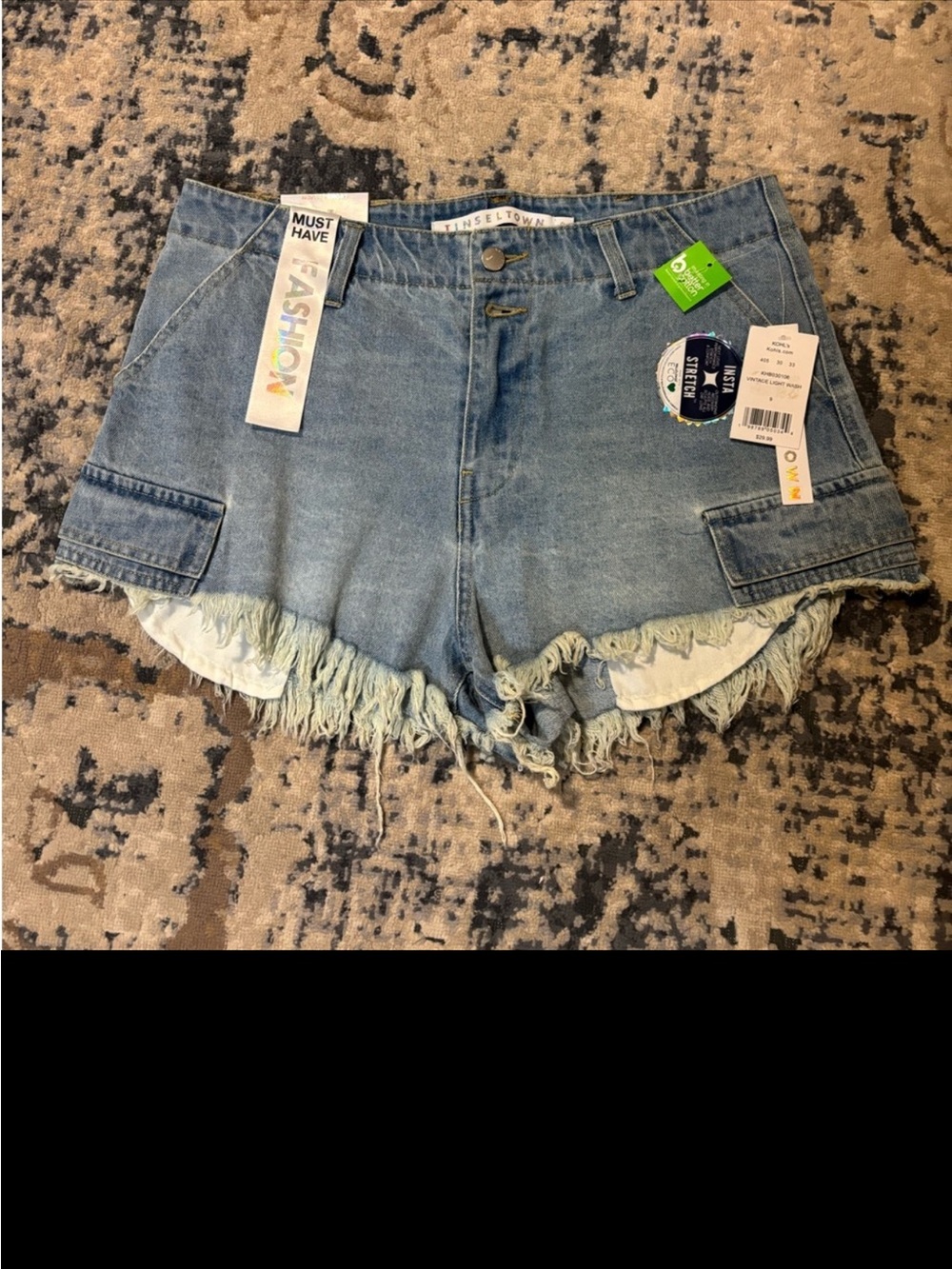 Tinseltown Light Blue Frayed Hem Denim Cargo Shorts